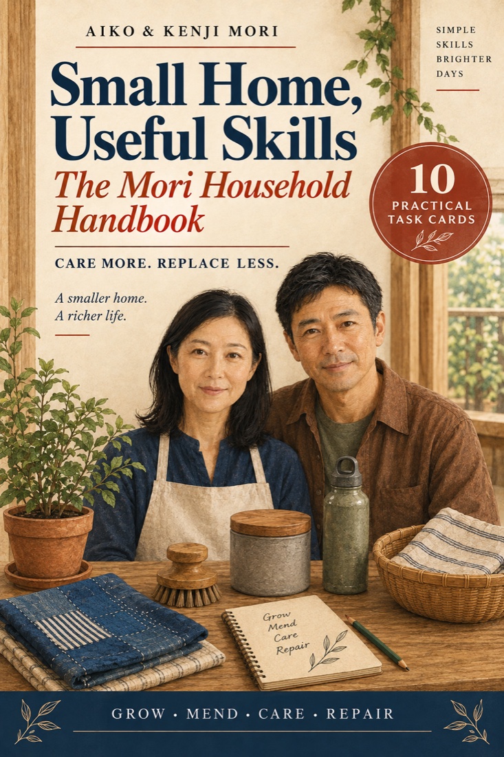Small Home, Useful Skills: The Mori Household Handbook cover with Aiko and Kenji Mori and ten practical task cards