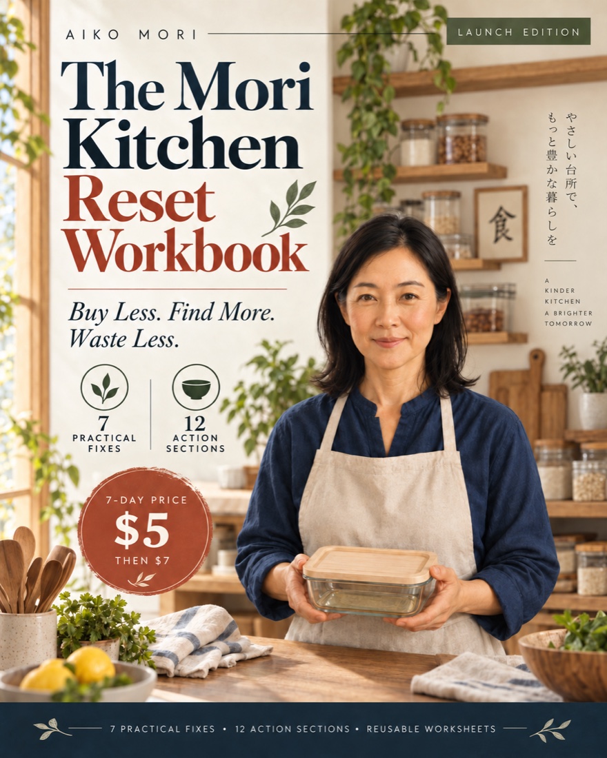 The Mori Kitchen Reset Workbook cover, featuring Aiko, seven practical fixes, twelve action sections and reusable worksheets